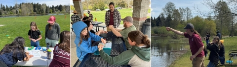 Three images of youth event participants receiving instruction. Left image of two participants learning how to identify fish images. The middle shows participants working on tying fishing knots at a table. The right image shows participants receiving casting instructions on the shore of a lake.