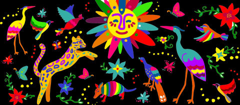 Photo of colorful birds, flowers, and animals
