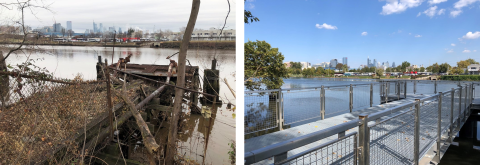 Side-by-side photos showing a pier on a river before and after reconstruction. In the "before" photo, the wooden pier is collapsing into the water. In the "after" photo, a pristine, accessible pier invites use.