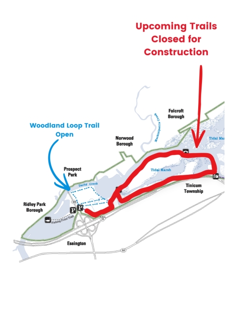 A map showing upcoming trail closure for construction in Henderson Marsh. Darby Creek and Tinicum Trail are closed. The Woodland Loop Trail is Open. 