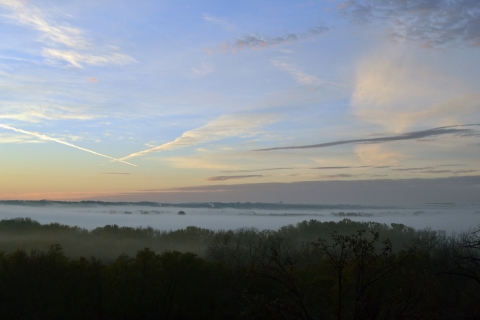 Early morning sky with light clouds and blue sky filling upper two thirds of the image and fog covering river and green tree tops filling lower third
