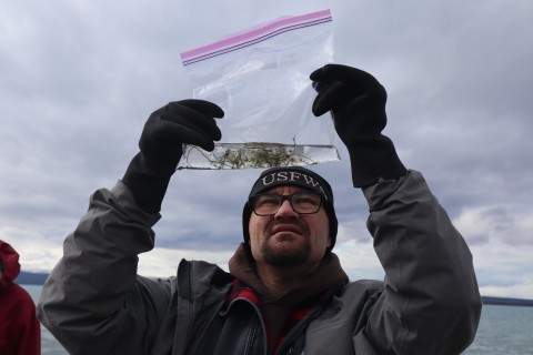 Biologist wearing USFWS hat holds up a clear plastic bag with water and aquatic vegetation.