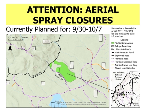 The map reads aerial spray closures and shows sections of Hart Mountain National Antelope Refuge that will be closed for aerial spraying.