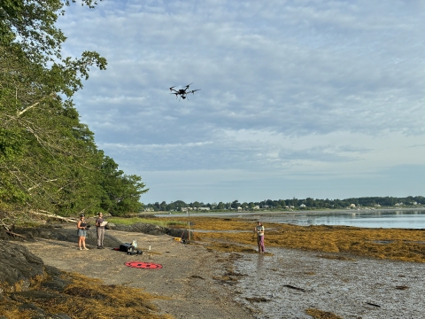 Drone pilots flying a drone to survey eelgrass beds along Casco Bay, Maine.