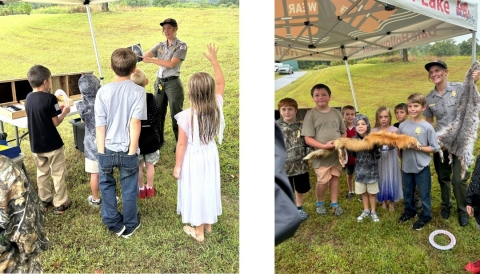 Desmaray teaching about wildlife with pelts
