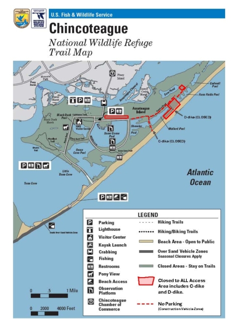 A trail map of Chincoteague NWR with areas marked off that are closed to all access along the service road and including C-dike and D-dike.