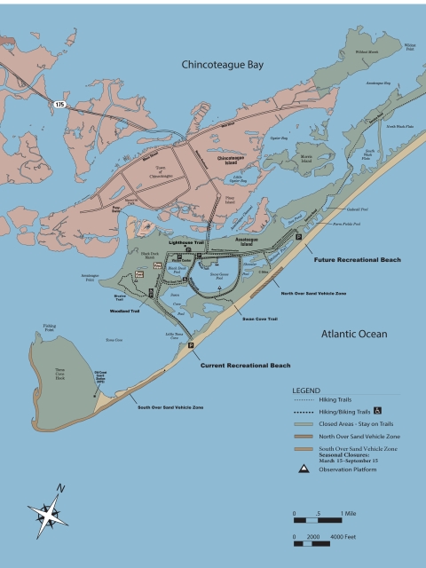 A map of Chincoteague and Assateague Island with areas indicating the current recreational beach and future recreational beach north of it.