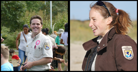 Man and woman smiling.