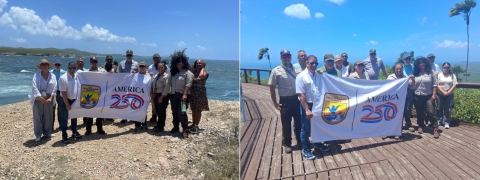 2 photos: Group of people holding "USFWS America 250" banner on beach and boardwalk by the ocean