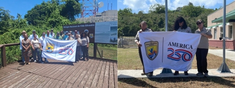 2 photos: Two outdoor scenes of people holding USFWS 'America 250' banners on a boardwalk overlooking grassy area and near a building