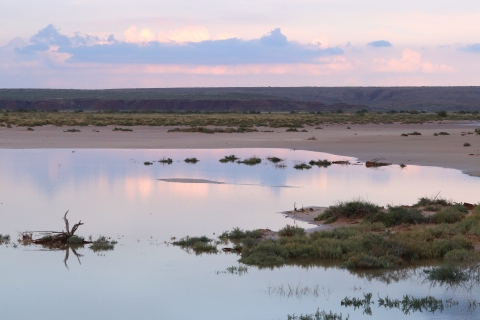 Colorful clouds of pink and purple are reflecting off the waters of a shallow lake. The sun has recently set.