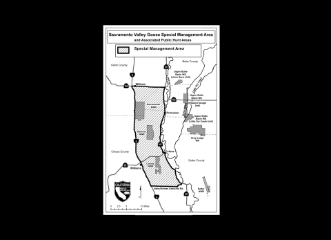 Map showing Interstate 5 and CA State routes 162 and 45 along with Hahn/Grimes-Arbuckle Road as boundaries of the Special Area which includes Sacramento, Delevan, and Colusa NWRs.