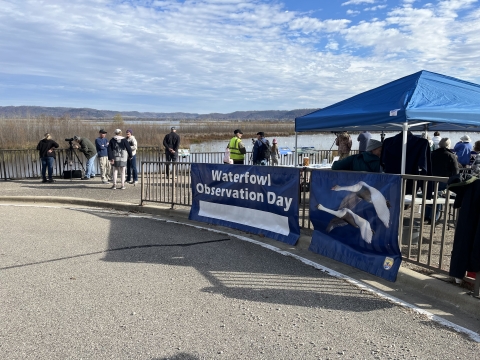 Two banners hang on a hand railing at a roadside overlook featuring tundra swans along with an event title banner for "Waterfowl Observation Day." Volunteers and members of the public mill in the background, with swans and ducks visible beyond the overlook.