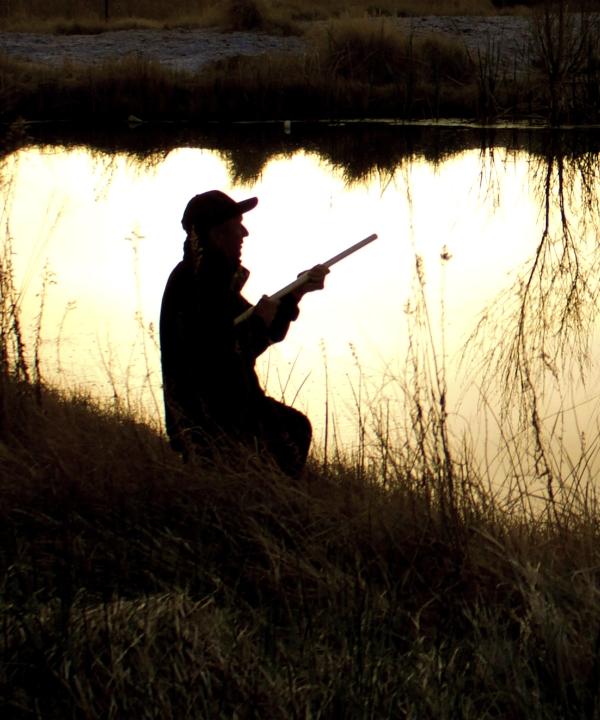 Hunter looking out over pond with shotgun. Hunter is backlit creating a silhouette. 