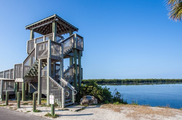 Multi-level observation tower located between Cross Dike and Water Control Structure 5 on the Wildlife Drive.