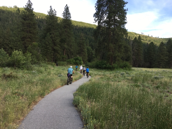 Visitors ride bikes through a meadow near tall pine trees on one of the hatchery's paved nature trails
