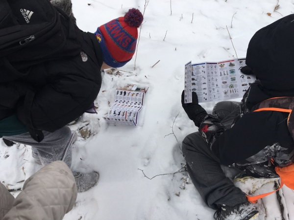 Students looking at folding guides and sitting in snow during a winter tracking lesson. 