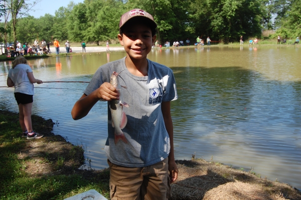 A child proudly holding up their fish harvest