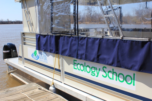 James River Ecology School logo on docked pontoon boat