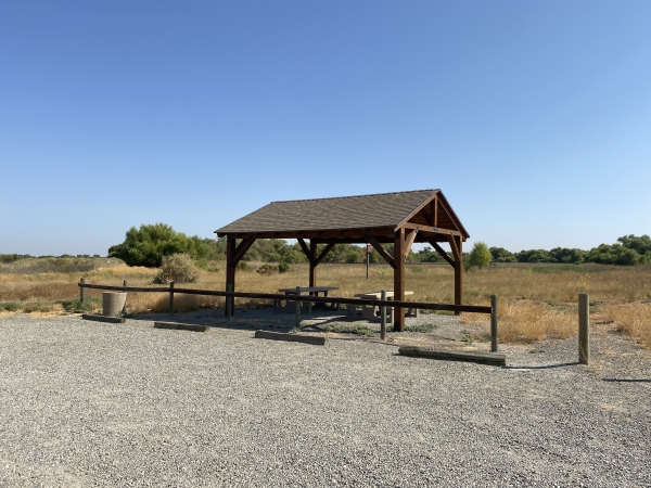 Outdoor picnic shelter with two tables underneath.
