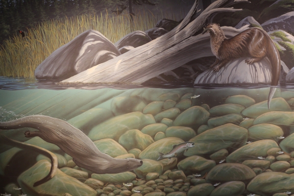 Photo of a painting or two otters, with a view both below and above the water.