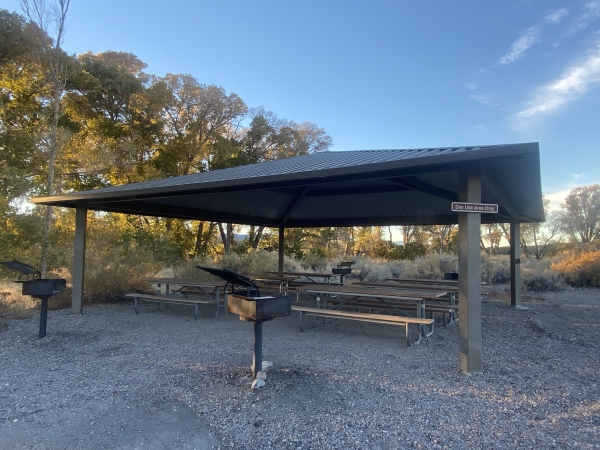 Picnic pavilion at Pahranagat NWR with picnic tables and grill pits