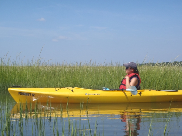 A person sitting in a kayak with marsh grasses in the background