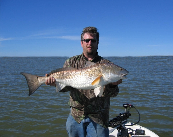 Man standing in a boat holding a large fish. The fish has a black spot on tail.
