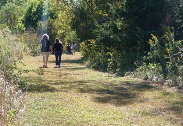 Two couples walking along a grassy trail flanked by vegetation