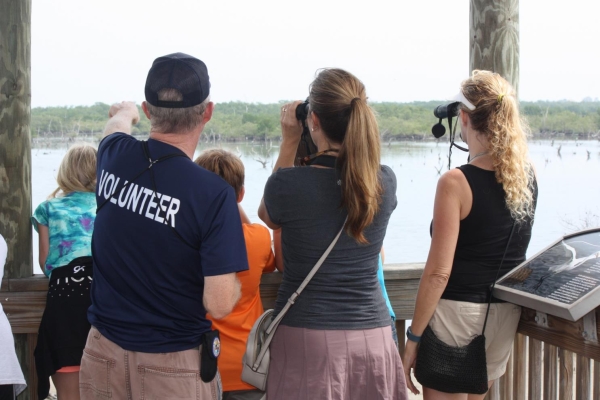 An image of a volunteer helping visitors view birds.