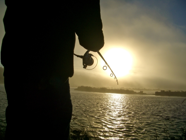 View from behind a person that is looking into the sun and fishing along the waters edge 