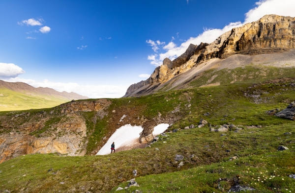 silhoutte of a woman in a large alpine landscape