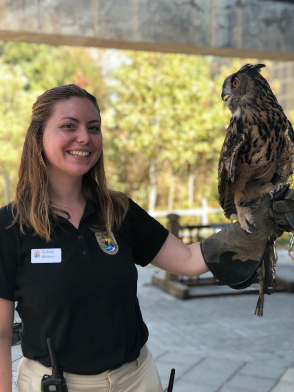 woman holding a great horned owl 