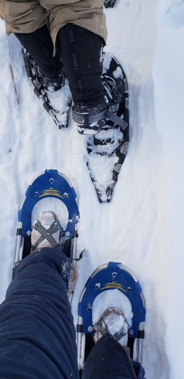 Close up view of two people's snowshoes