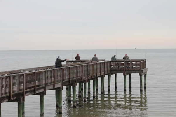 A group of anglers fish from the pier at Aransas National Wildlife Refuge