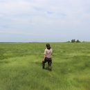 A woman, with her back to the camera, surveys an enormous green expanse of marsh. Small hills and a cluster of trees are visible on the horizon.