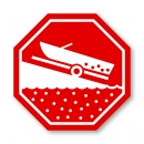 A graphic showing a red stop sign with a boat on a ramp. 
