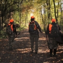Three people in orange hunting attire walking on a trail in a shaded forest.