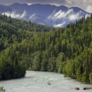 A boat heads down a river lined by forests and mountains.