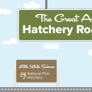 A graphic of a light blue sky with puffy clouds. A green highway sign hangs from the top and reads "The Great American Hatchery Road Trip." At the bottom, a fish drives a blue car along a road toward a brown sign with the USFWS logo and text that reads "Little White Salmon National Fish Hatchery."