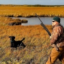 Two men carrying guns and backpacks walk across grassland next to a body of water with their hunting dog