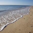 Stones dot a sandy beach along the shoreline.