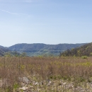 a landscape view of a grass field with mountains in the background under a clear blue sky