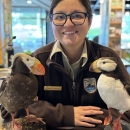 A person in National Wildlife Refuge System uniform posting with two stuffed puffins.
