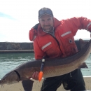  Biologist, John Sweka, holds a lake sturgeon outside of Buffalo Harbor, Lake Erie.