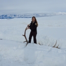 Person holding antler in snow.