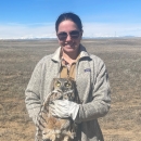 Amy Walsh holding a great horned owl