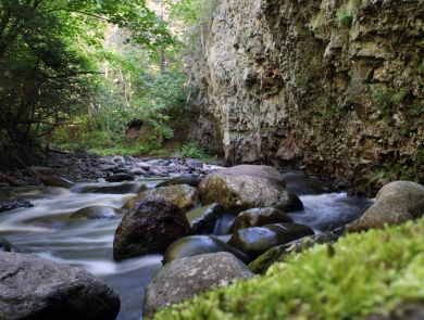 Water flows through narrow gorge with moss-covered rock in the foreground.