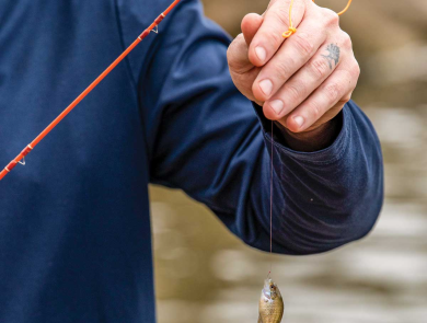 Adam Comer holds up small fish hooked while microfishing. 