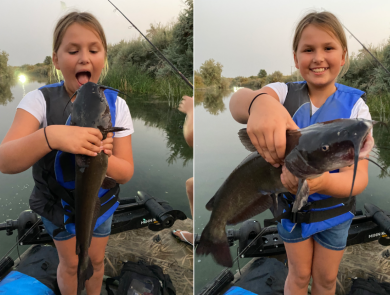 Two side by side photos of a girl wearing a blue life vest, smiling and holding a fish. In one photo, she appears to be about to eat or kiss the fish. She stands in a raft in water.
